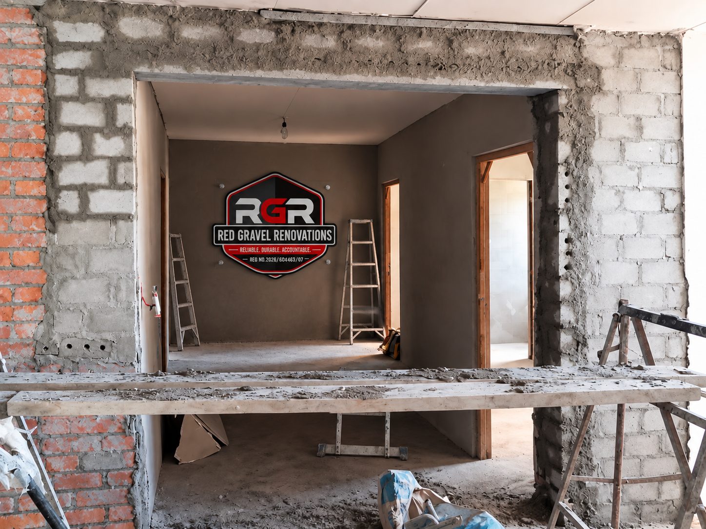 Renovation in progress with ladders and open brickwork